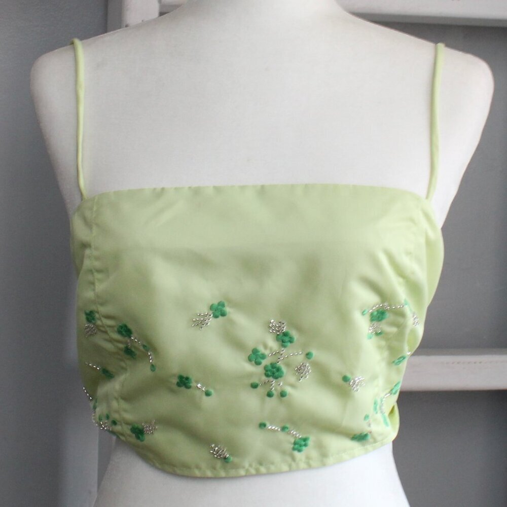 Ganni Lily Green Green Floral Embroidered Crop Tank Top Size 42 / Large US NWT - Picture 2 of 10